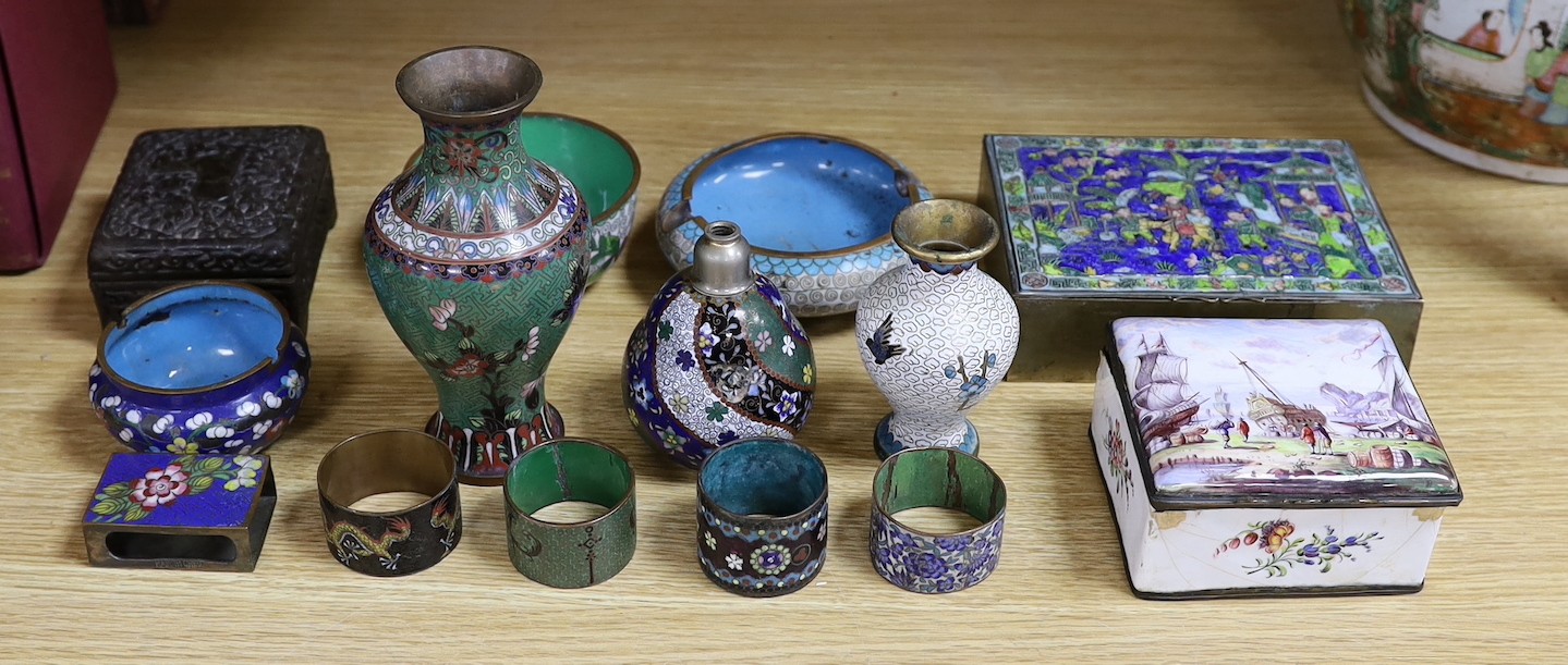 A group of Chinese and Japanese cloisonné enamel wares and a Continental enamel snuff box, largest 16cm